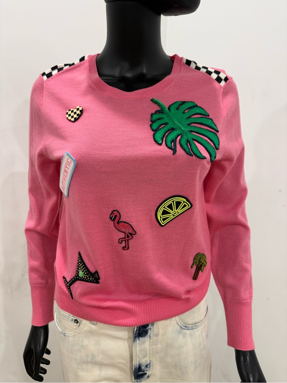 Marc Jacobs Pink 100% Wool Sequin Palm Flamingo Patch Sweater Size S NEW
